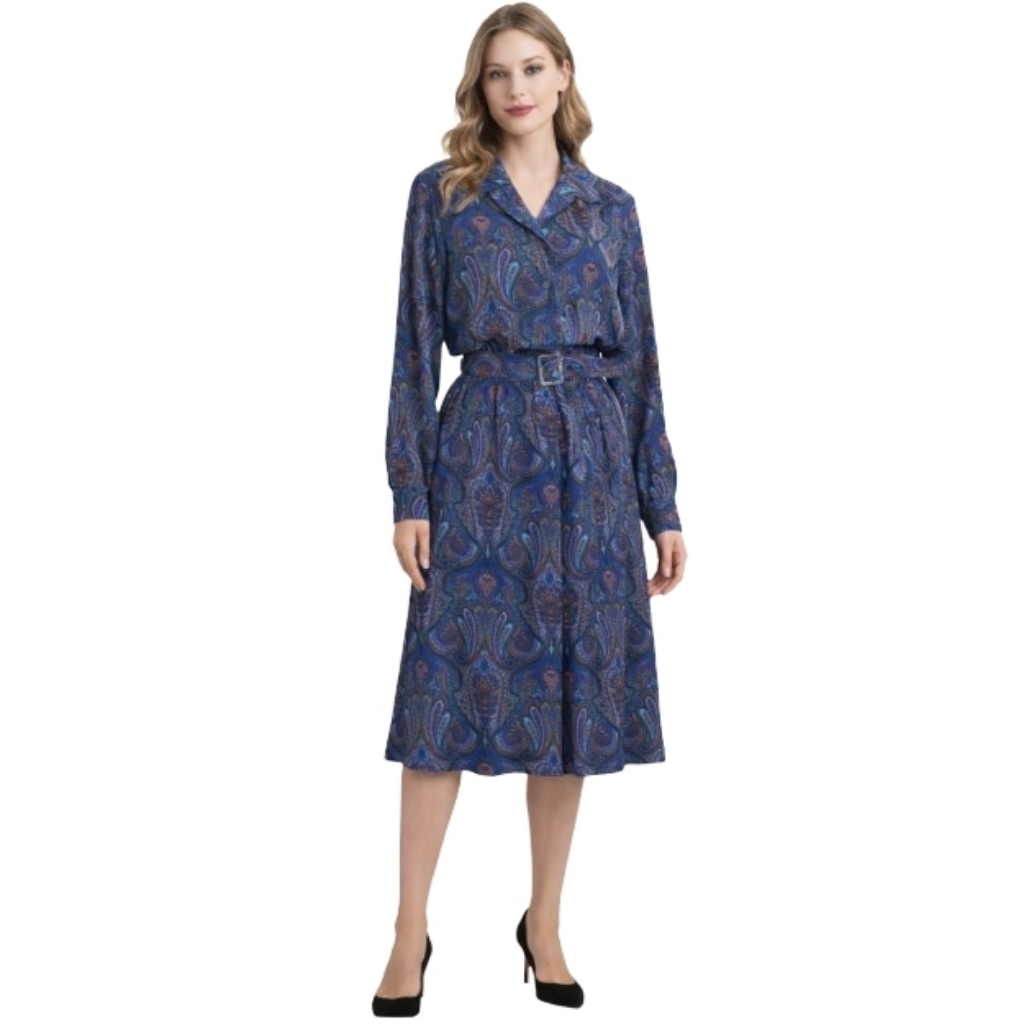 Vintage Willow Ridge Paisley Belted Midi Dress Women's 12p Multicolor